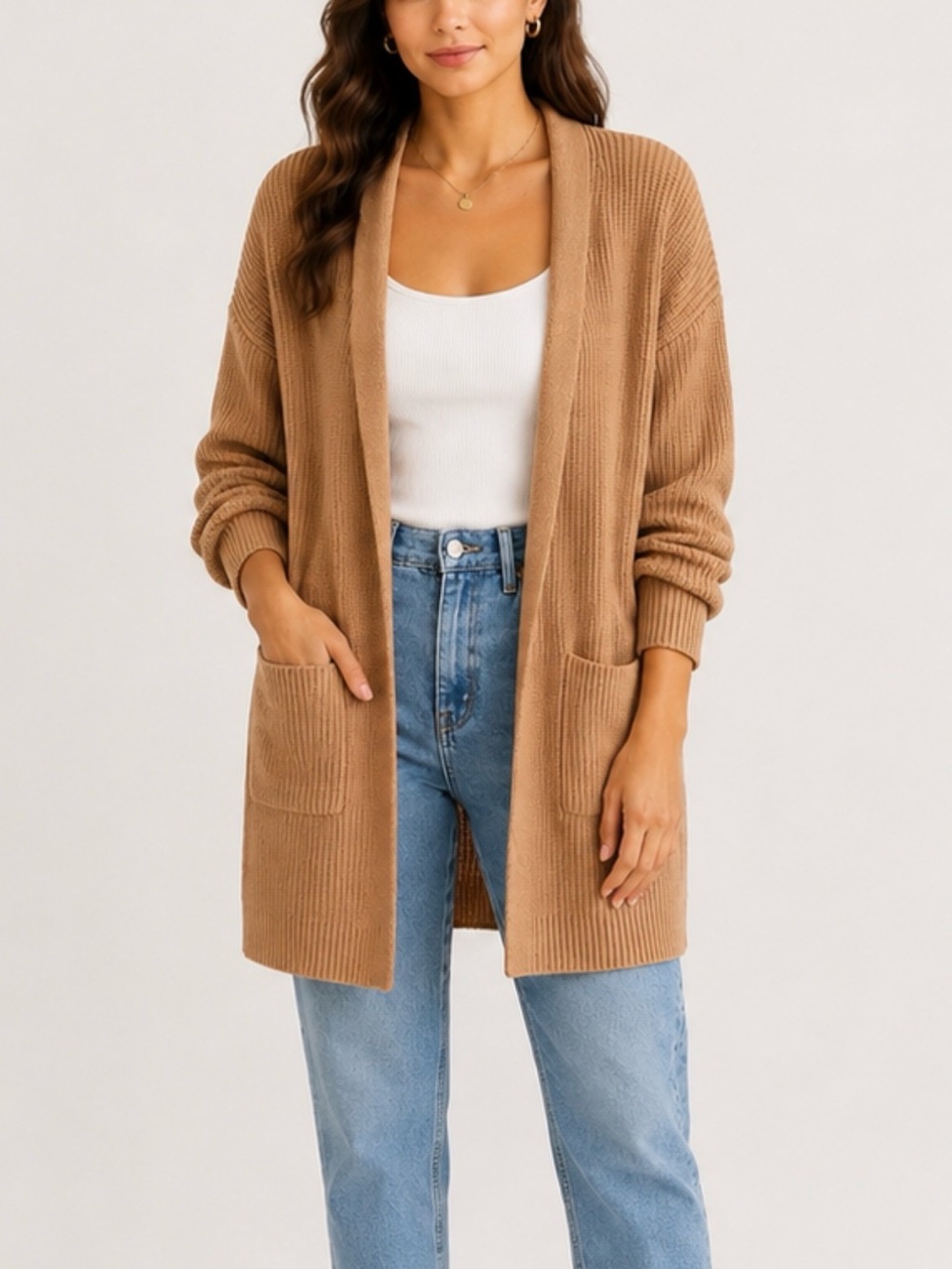 Frye Open Front along Cardigan 100% Cotton Brown Medium Fisherman Knit Fall